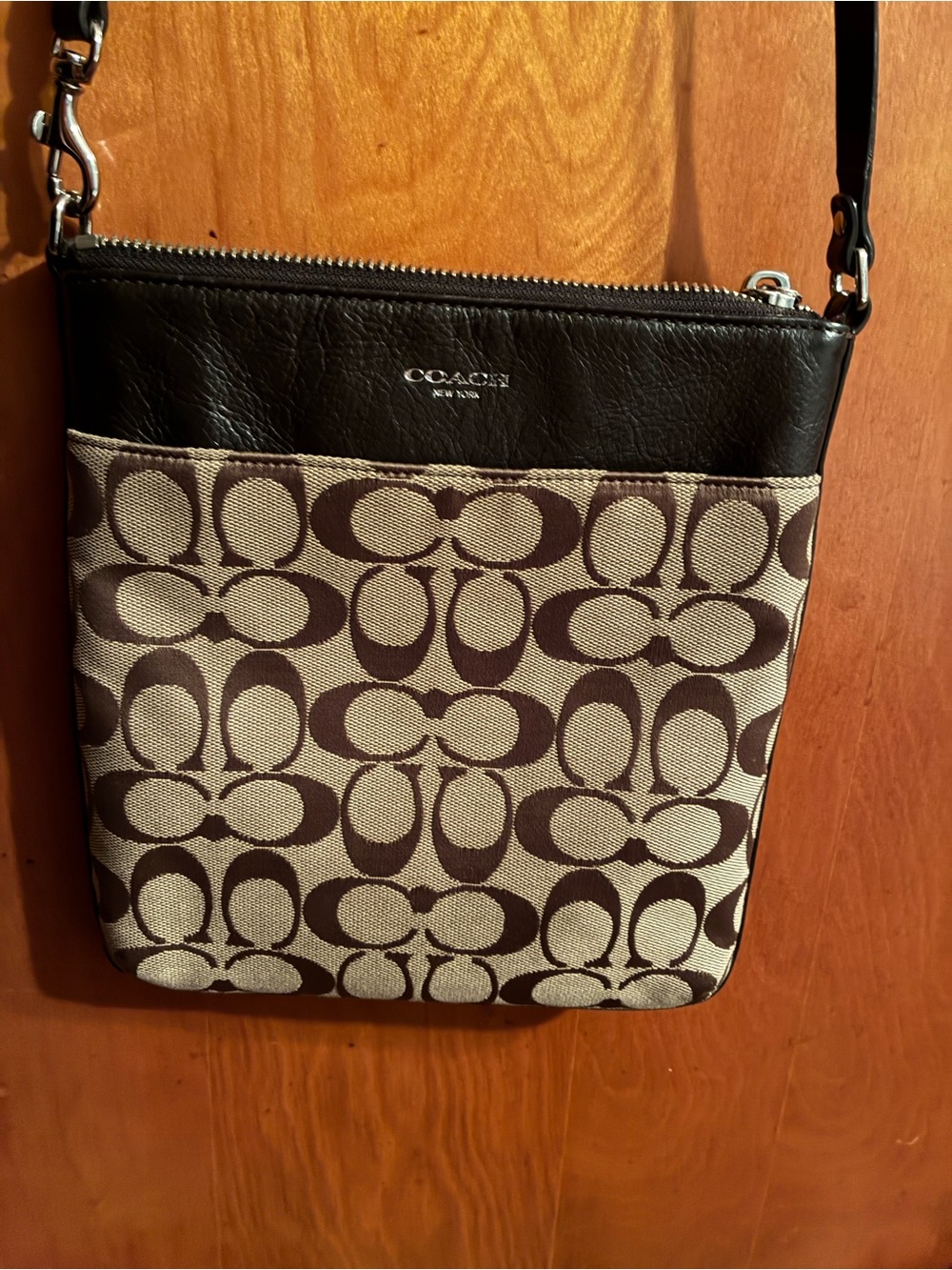 Coach Signature Canvas Crossbody in Brown and Beige with Black Trim